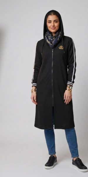 IYA CLASSIC LONGLINE ZIP-UP COAT WITH HOOD & STRIPE ACCENT